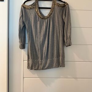 Cache Gray Cold-Shoulder Top with Gold Sequin Trim